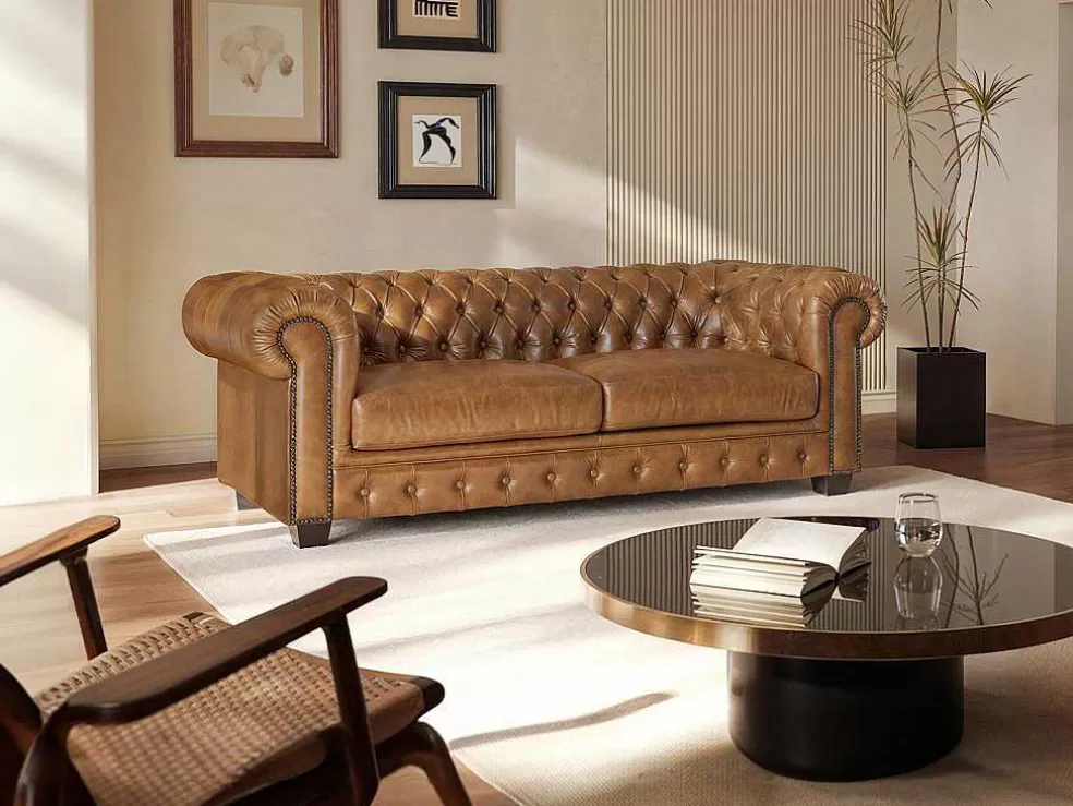 LINEA Sofá Sofá Chesterfield 3 Lugares Brenton 100% Pele De Bufalo Superior Cor Caramelo Vintage* Promoções Sofás & Poltronas