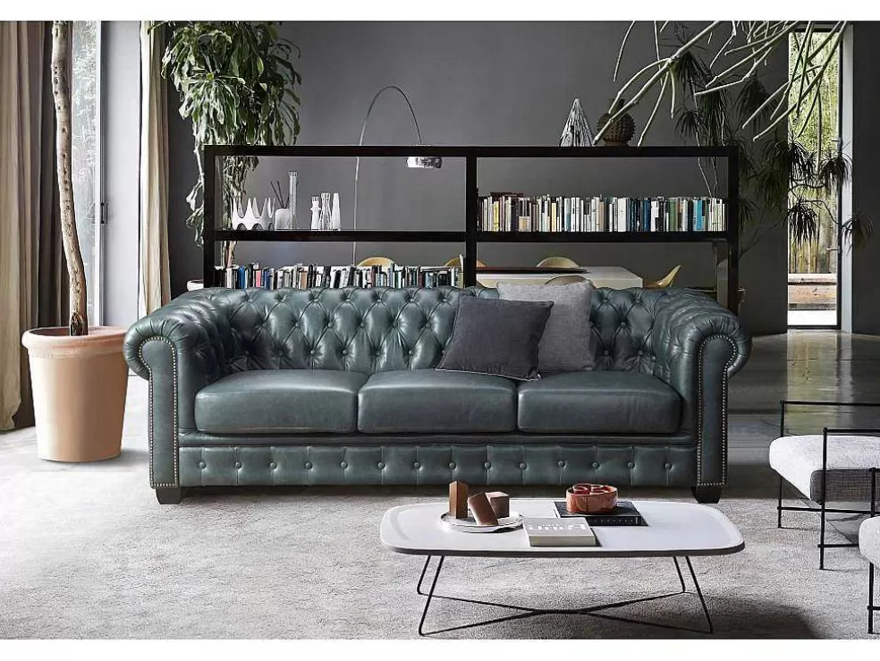 LINEA Sofá Sofá Chesterfield 4 Lugares Brenton 100% Pele De Bufalo Superior Cor Verde-Acinzentado* Promoções Sofás & Poltronas