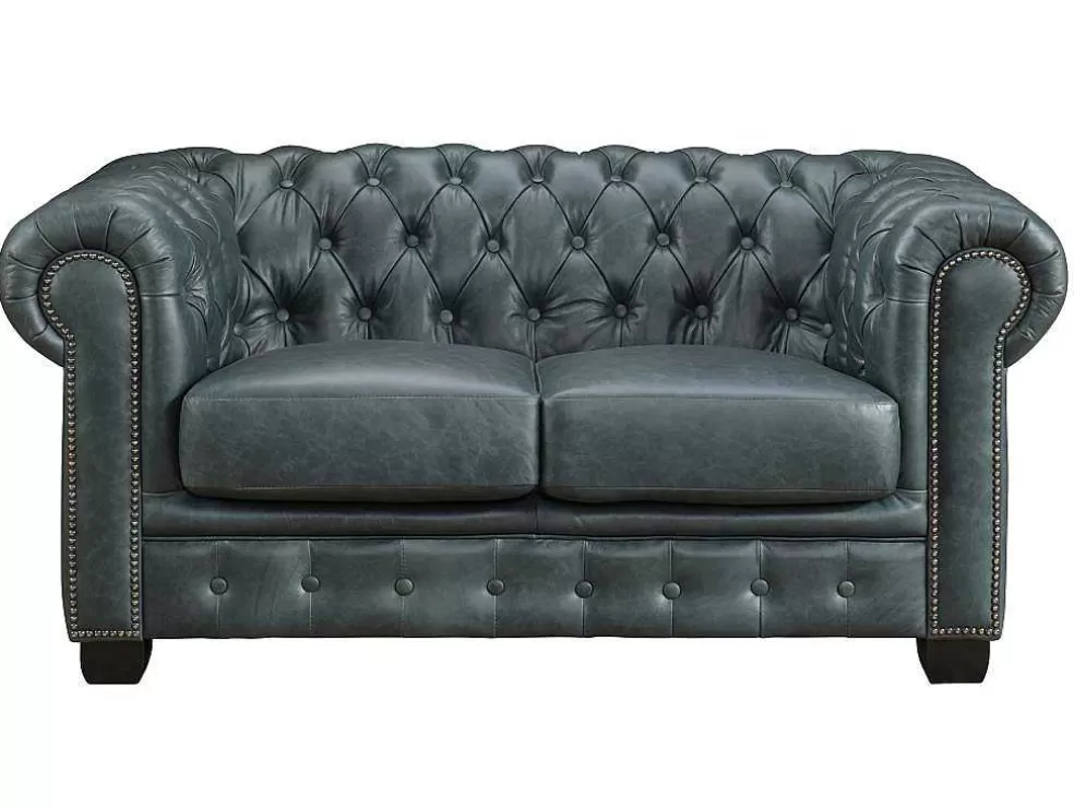 LINEA Sofá Sofá Chesterfield 2 Lugares Brenton 100% Pele De Bufalo Superior Cor Verde-Acinzentado* Sofá Em Pele
