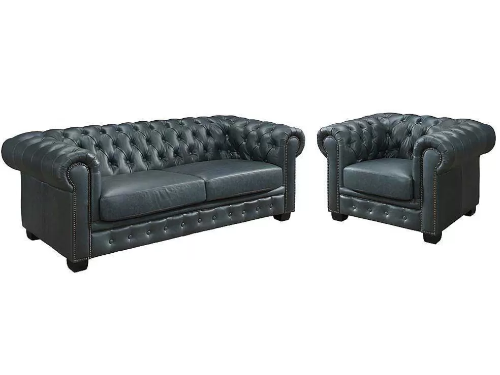 LINEA Sofá Sofá Chesterfield 3+1 Lugares Brenton 100% Pele De Bufalo Superior Cor Verde-Acinzentado* Conjunto Sofá E Poltrona