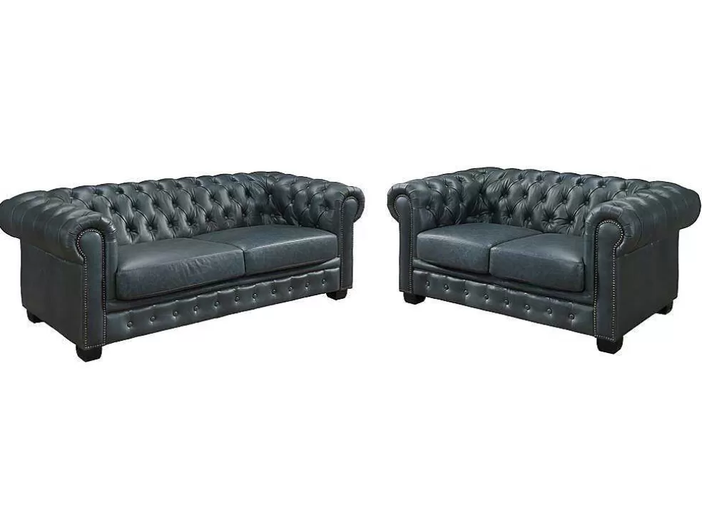 LINEA Sofá Sofá Chesterfield 3+2 Lugares Brenton 100% Pele De Bufalo Superior Cor Verde-Acinzentado* Conjunto De Sofá