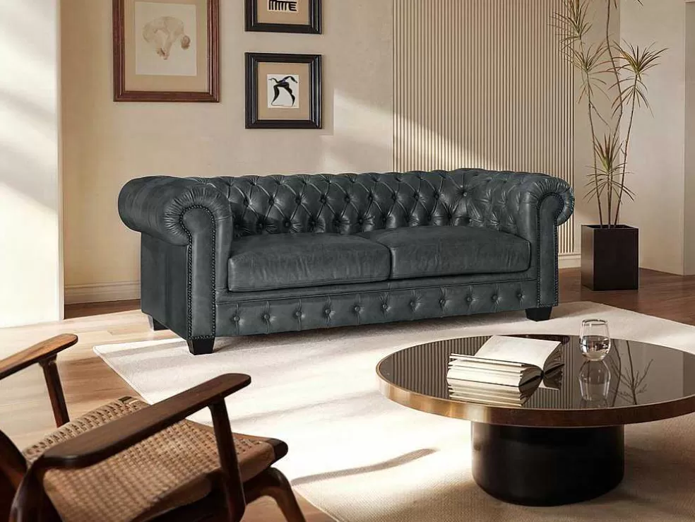 LINEA Sofá Sofá Chesterfield 3 Lugares Brenton 100% Pele De Bufalo Superior Cor Verde-Acinzentado* Promoções Sofás & Poltronas