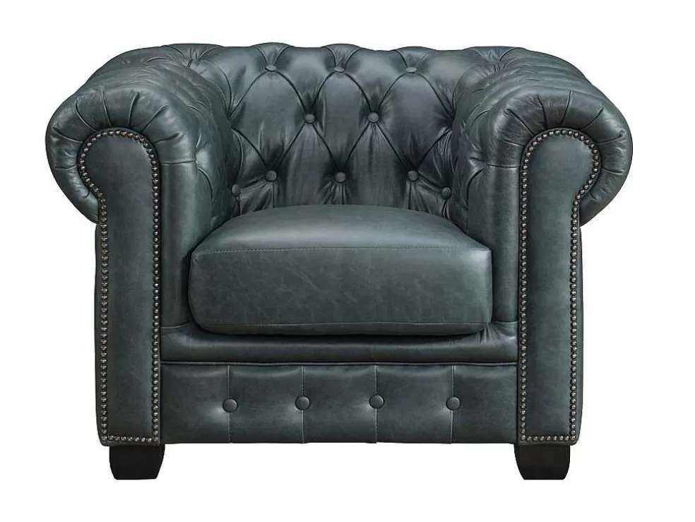 LINEA Sofá Sofá Chesterfield 3+1 Lugares Brenton 100% Pele De Bufalo Superior Cor Verde-Acinzentado* Conjunto Sofá E Poltrona