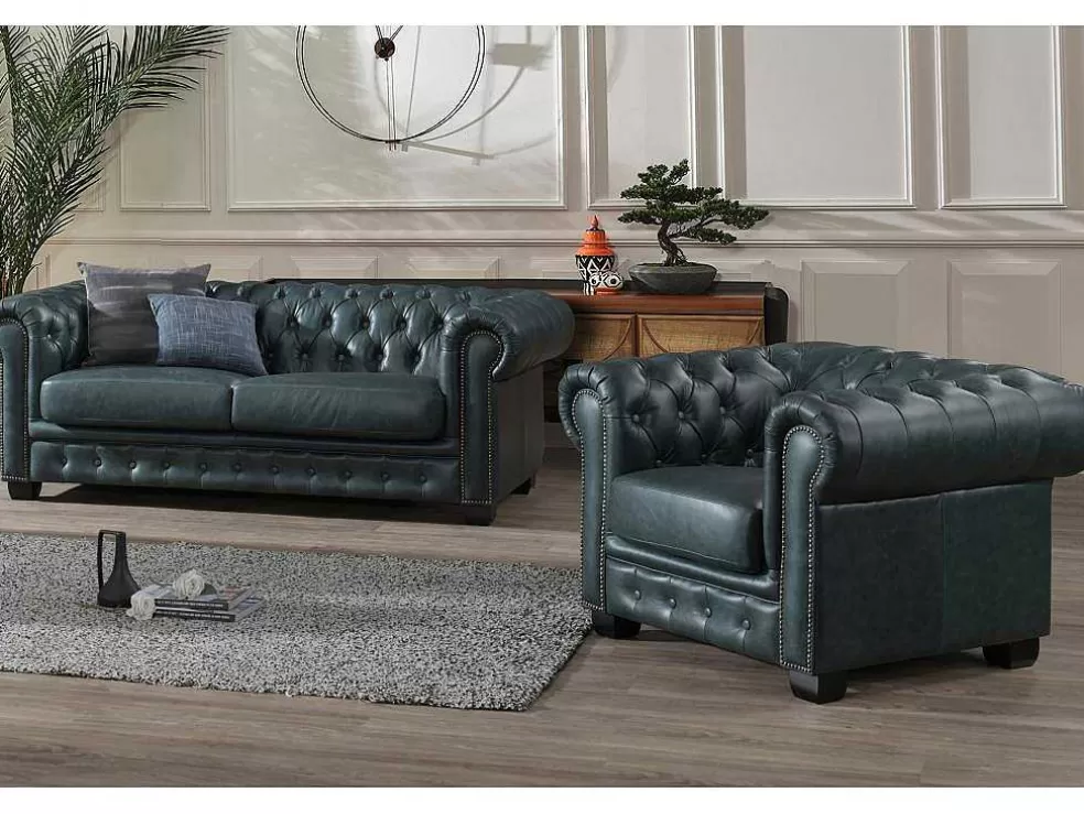 LINEA Sofá Sofá Chesterfield 3+1 Lugares Brenton 100% Pele De Bufalo Superior Cor Verde-Acinzentado* Conjunto Sofá E Poltrona