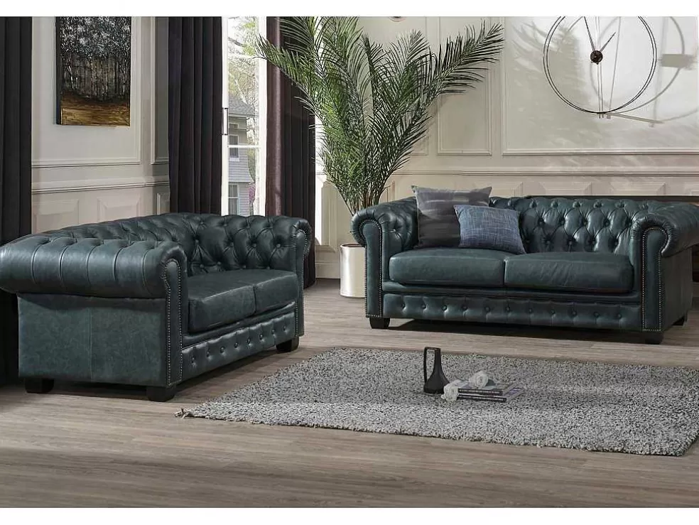 LINEA Sofá Sofá Chesterfield 3+2 Lugares Brenton 100% Pele De Bufalo Superior Cor Verde-Acinzentado* Conjunto De Sofá