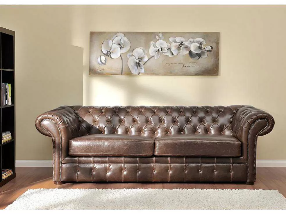 Vente-unique Sofá De 3+2+1 Lugares 100% Couro Envelhecido Estilo Chesterfield - Clotaire* Conjunto Sofá E Poltrona