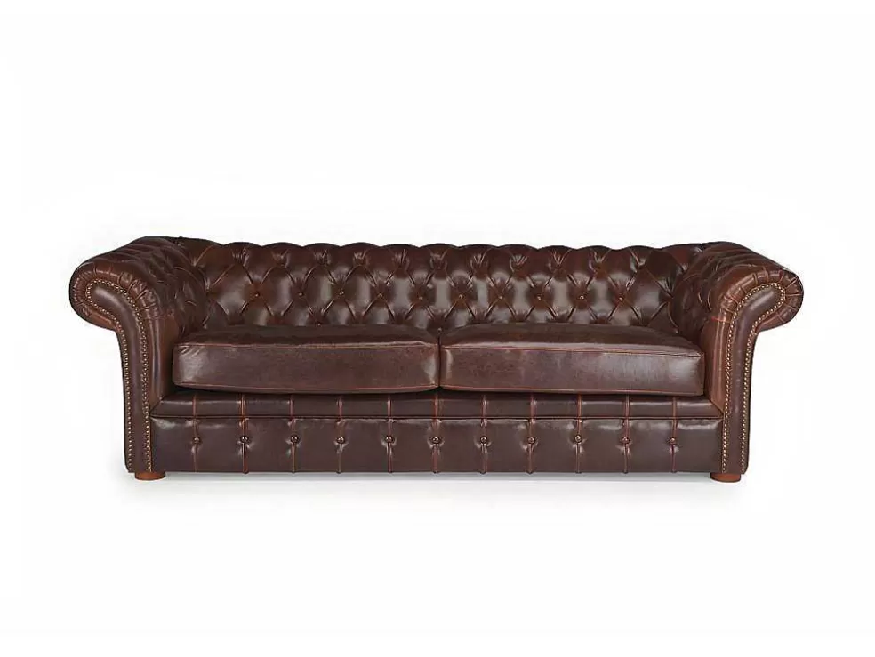 Vente-unique Sofá De 3 Lugares 100% Pele Envelhecida Castanho Estilo Chesterfield - Clotaire* Promoções Sofás & Poltronas