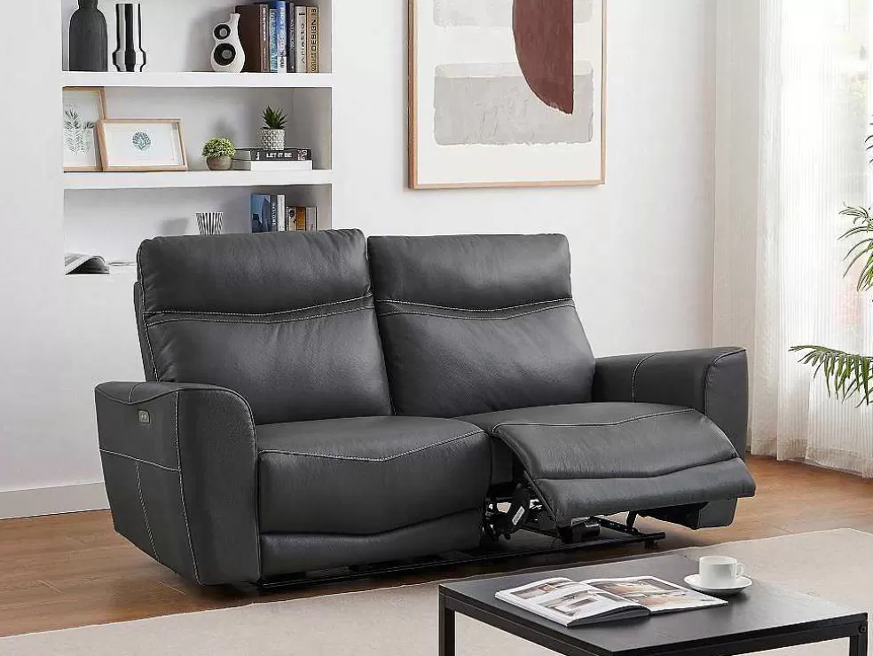 Vente-unique Sofá De 3 Lugares Articulado Eletrico Em Couro De Vaca Antracite - Damon* Sofá De Relaxamento Eletrico