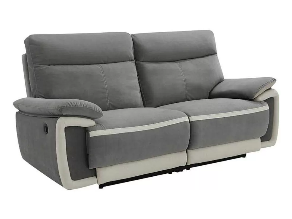 Vente-unique Sofá De 3 Lugares Articulado Eletrico Em Veludo - Cinza E Faixas Branco Cru - Metti* Sofá De Relaxamento Eletrico