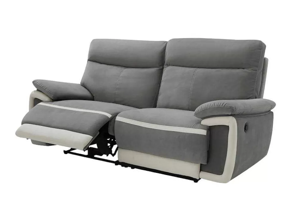 Vente-unique Sofá De 3 Lugares Articulado Eletrico Em Veludo - Cinza E Faixas Branco Cru - Metti* Sofá De Relaxamento Eletrico
