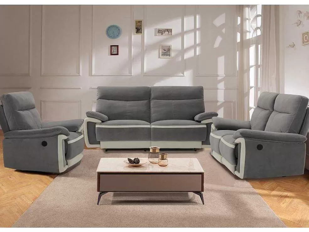 Vente-unique Sofá De 3 Lugares Articulado Eletrico Em Veludo - Cinza E Faixas Branco Cru - Metti* Sofá De Relaxamento Eletrico