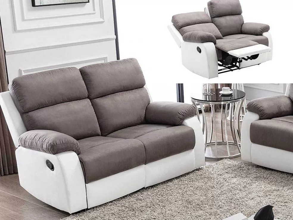 Vente-unique Sofá De 2 Lugares Articulado Manual Em Microfibra E Pele Sintética - Cinza E Branco - Tolzano* Sofá De Relaxamento Manual