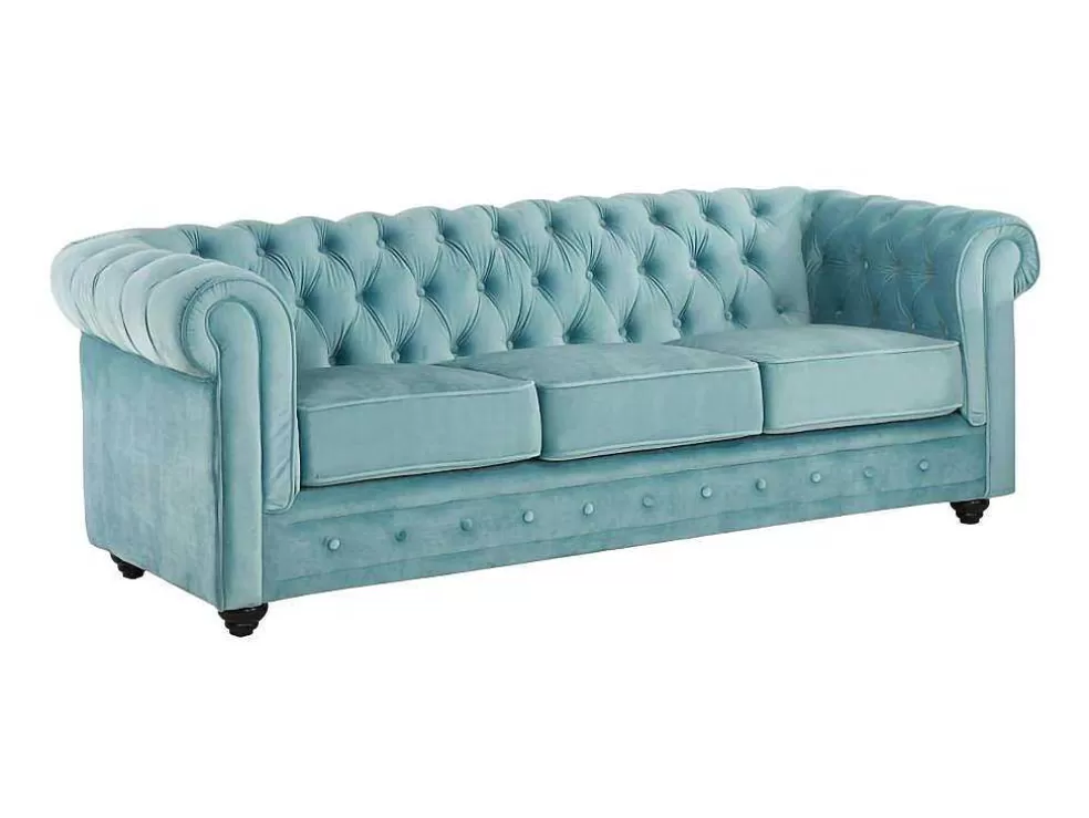 Vente-unique Sofá De 3 Lugares Chesterfield - Veludo Azul Pastel* Sofá De 2 Ou 3 Lugares