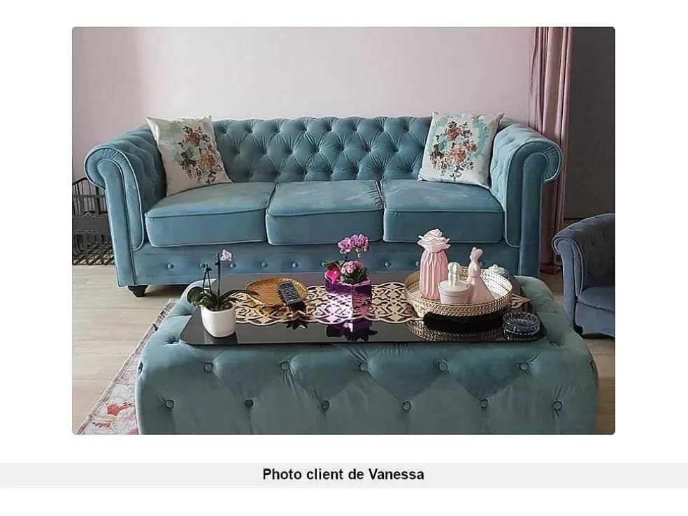 Vente-unique Sofá De 3 Lugares Chesterfield - Veludo Azul Pastel* Sofá De 2 Ou 3 Lugares