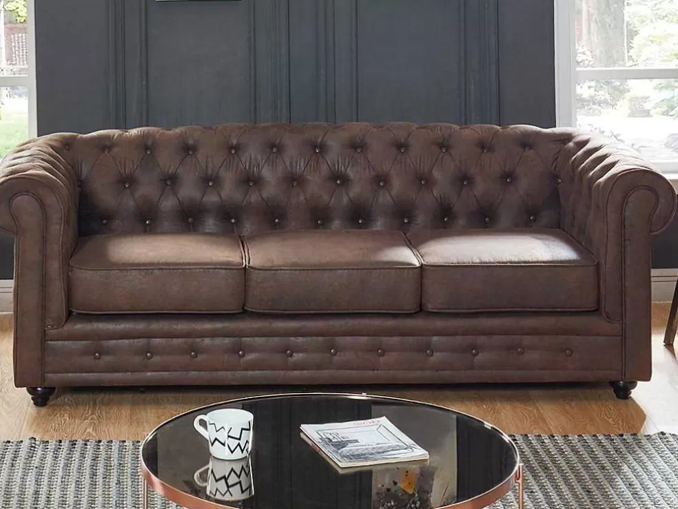 Vente-unique Sofá De 3 Lugares Chesterfield Em Microfibra Com Aspeto De Pele Envelhecida* Sofá