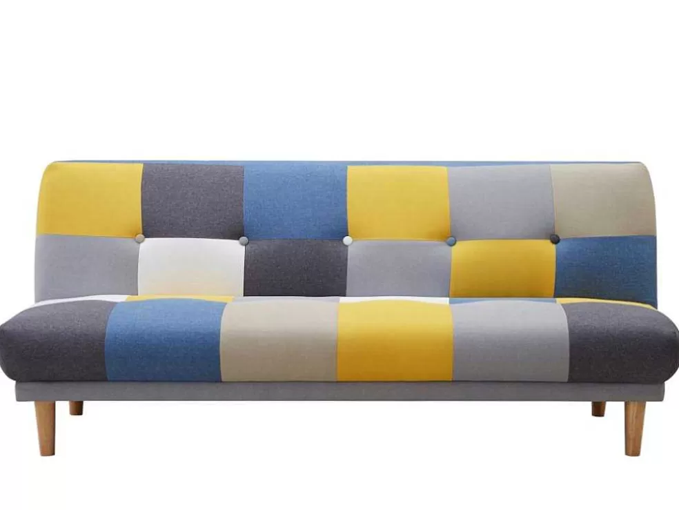Vente-unique Sofá De 3 Lugares Clic-Clac Em Tecido E Cores Patchwork Cinza, Azul E Amarelo - Mardag* Sofá Cama Clic-Clac E Dobravel