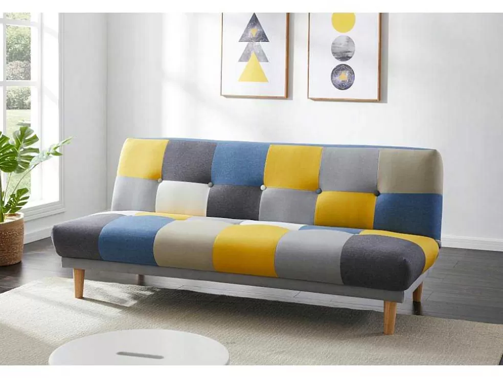 Vente-unique Sofá De 3 Lugares Clic-Clac Em Tecido E Cores Patchwork Cinza, Azul E Amarelo - Mardag* Sofá Cama Clic-Clac E Dobravel