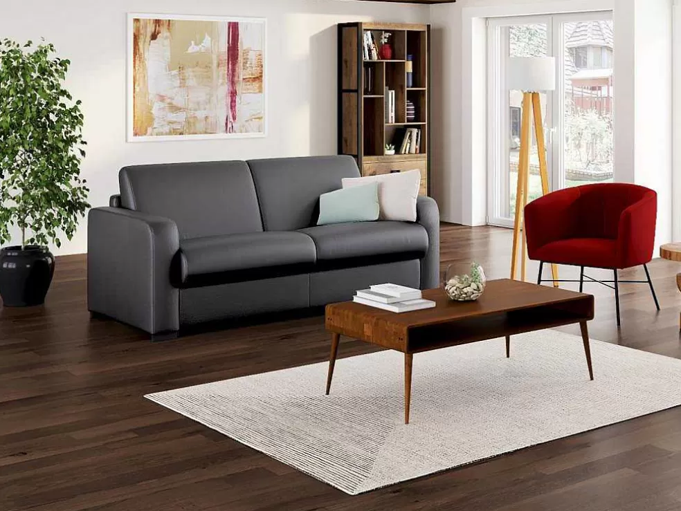 Vente-unique Sofá De 3 Lugares Convertivel Abertura Rapida Em Couro Cinza Colchão 18 Cm - Bevis* Sofá Cama De Abertura Rapida