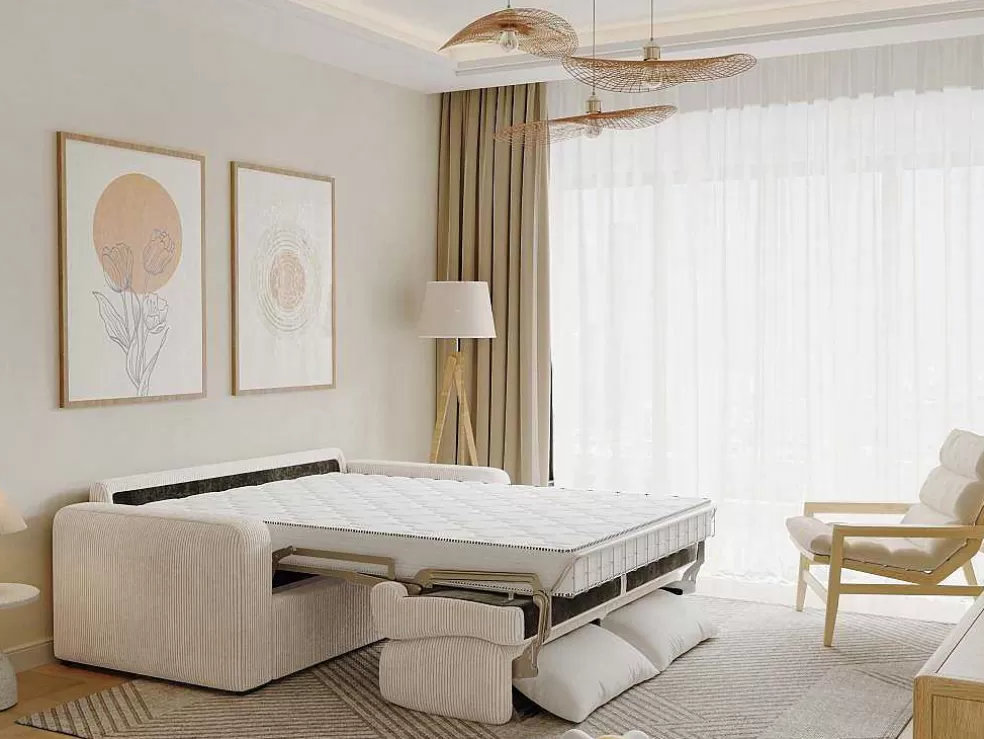 Vente-unique Sofá De 3 Lugares Convertivel Abertura Rapida Em Veludo Canelado Creme Colchão De 18 Cm - Bevis* Sofá Cama De Abertura Rapida