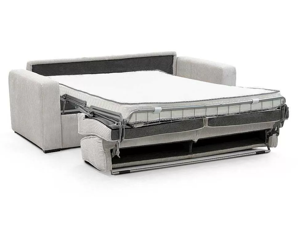 Vente-unique Sofá De 4 Lugares Convertivel Abertura Rapida Veludo Cabelado Bege, Cama De Ripas Largas 160 Cm, Colchão De 14 Cm - Mondovi* Sofá Cama De Abertura Rapida