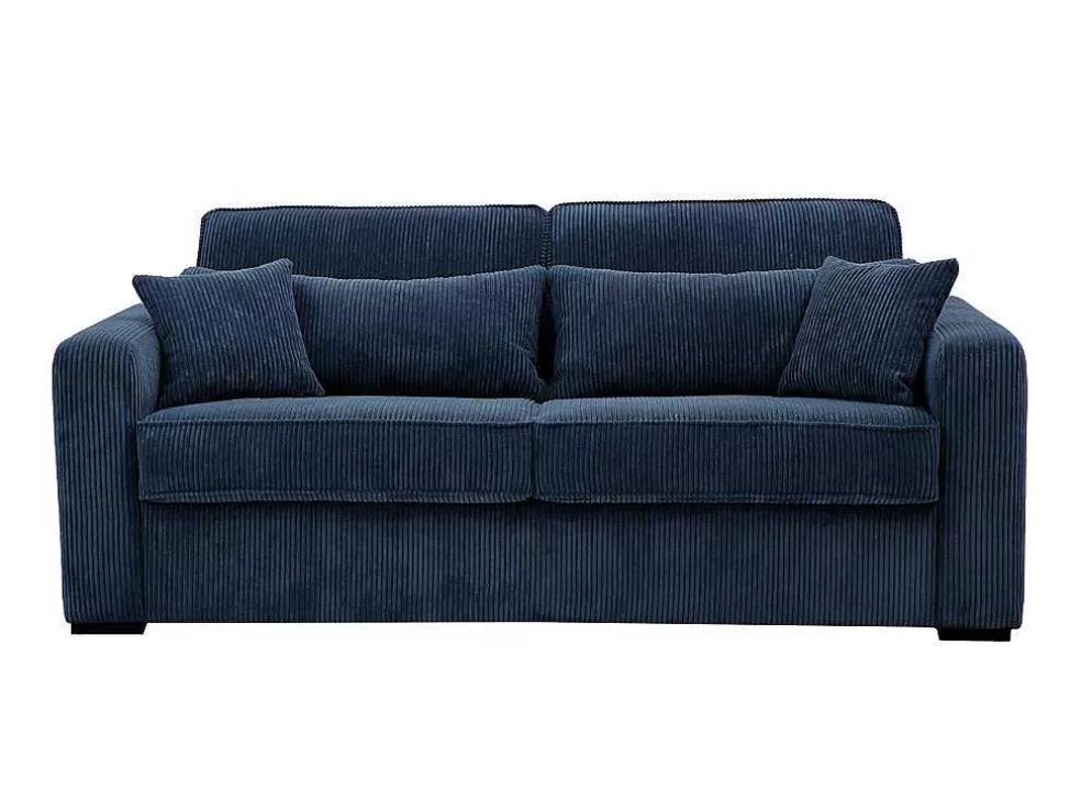 Vente-unique Sofá De 4 Lugares Convertivel Abertura Rapida Veludo Canelado Azul, Cama De 160 Cm, Colchão De 18 Cm - Mondovi* Sofá Cama De Abertura Rapida