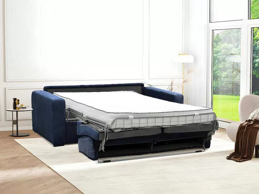 Vente-unique Sofá De 4 Lugares Convertivel Abertura Rapida Veludo Canelado Azul, Cama De 160 Cm, Colchão De 18 Cm - Mondovi* Sofá Cama De Abertura Rapida