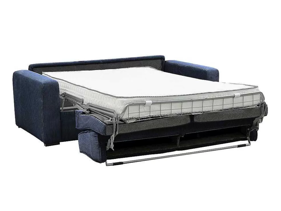Vente-unique Sofá De 4 Lugares Convertivel Abertura Rapida Veludo Canelado Azul, Cama De 160 Cm, Colchão De 18 Cm - Mondovi* Sofá Cama De Abertura Rapida