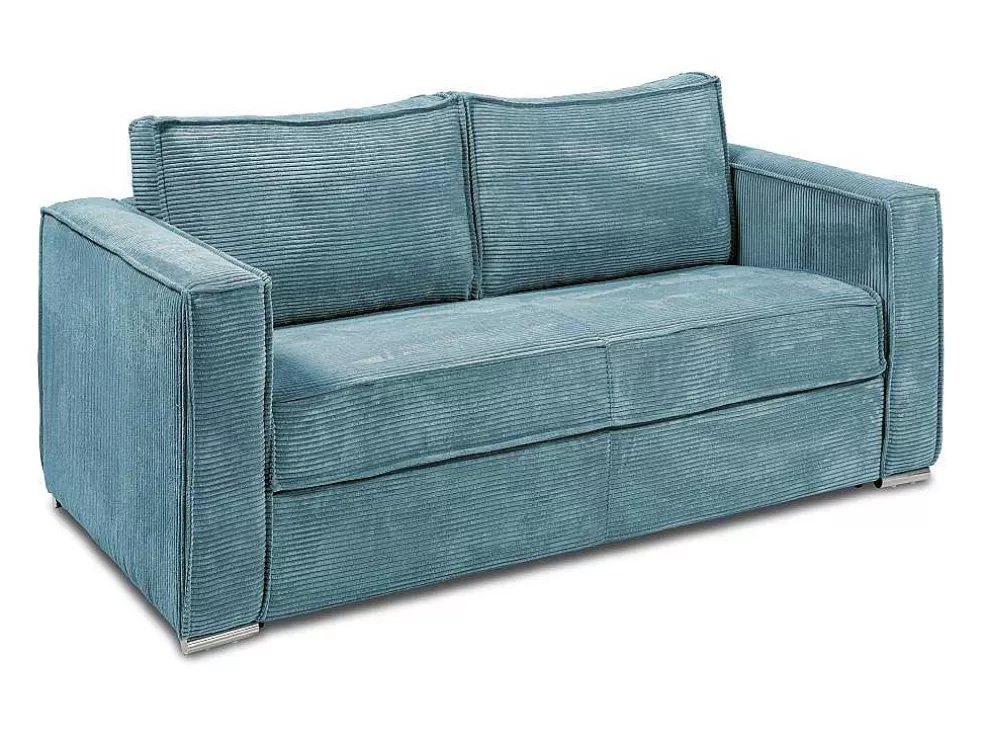 Vente-unique Sofá De 3 Lugares Convertivel Abertura Rapida Veludo Canelado Azul-Turquesa, Cama De Ripas Largas 140 Cm E Colchão 18 Cm - Loreto* Sofá