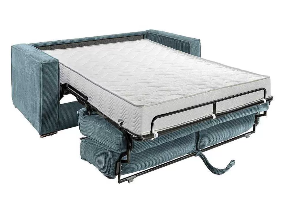 Vente-unique Sofá De 3 Lugares Convertivel Abertura Rapida Veludo Canelado Azul-Turquesa, Cama De Ripas Largas 140 Cm E Colchão 18 Cm - Loreto* Sofá