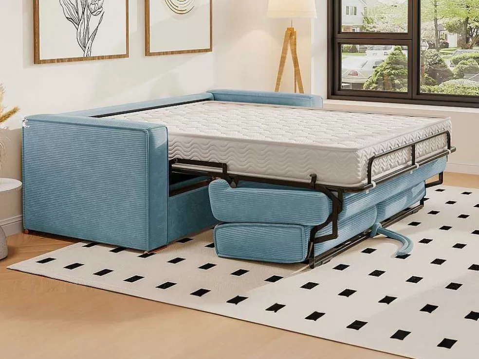 Vente-unique Sofá De 3 Lugares Convertivel Abertura Rapida Veludo Canelado Azul-Turquesa, Cama De Ripas Largas 140 Cm E Colchão 18 Cm - Loreto* Sofá