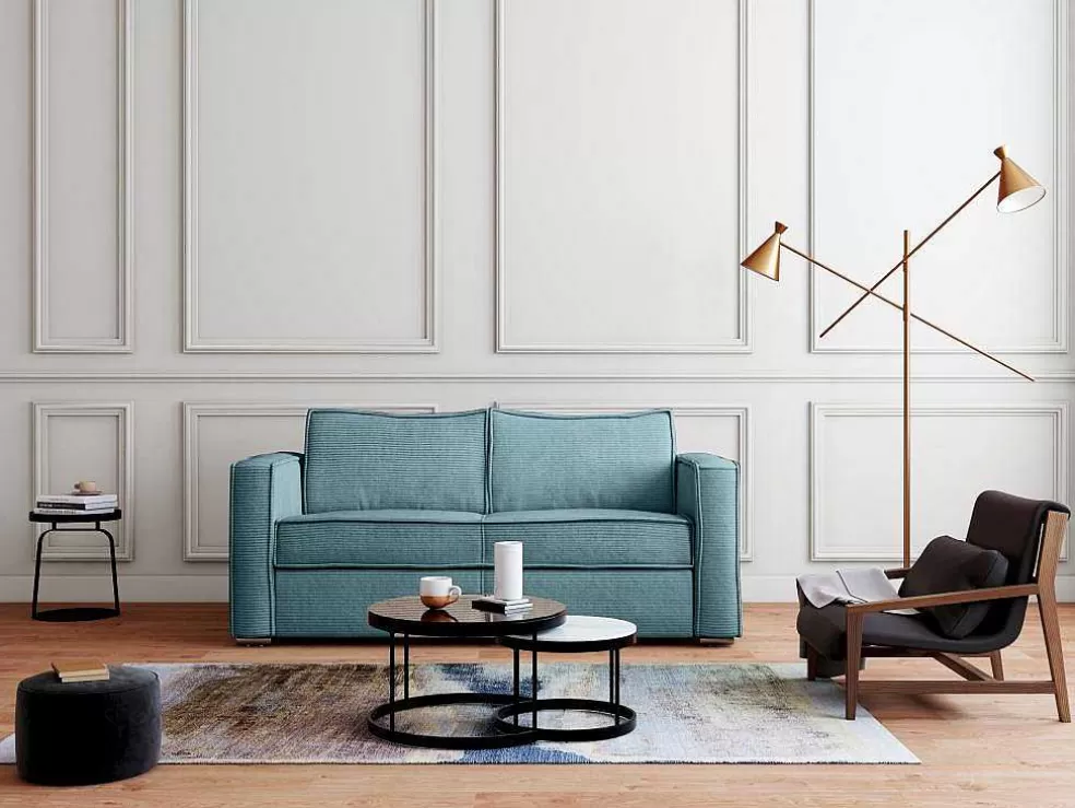Vente-unique Sofá De 3 Lugares Convertivel Abertura Rapida Veludo Canelado Azul-Turquesa, Cama De Ripas Largas 140 Cm E Colchão 18 Cm - Loreto* Sofá