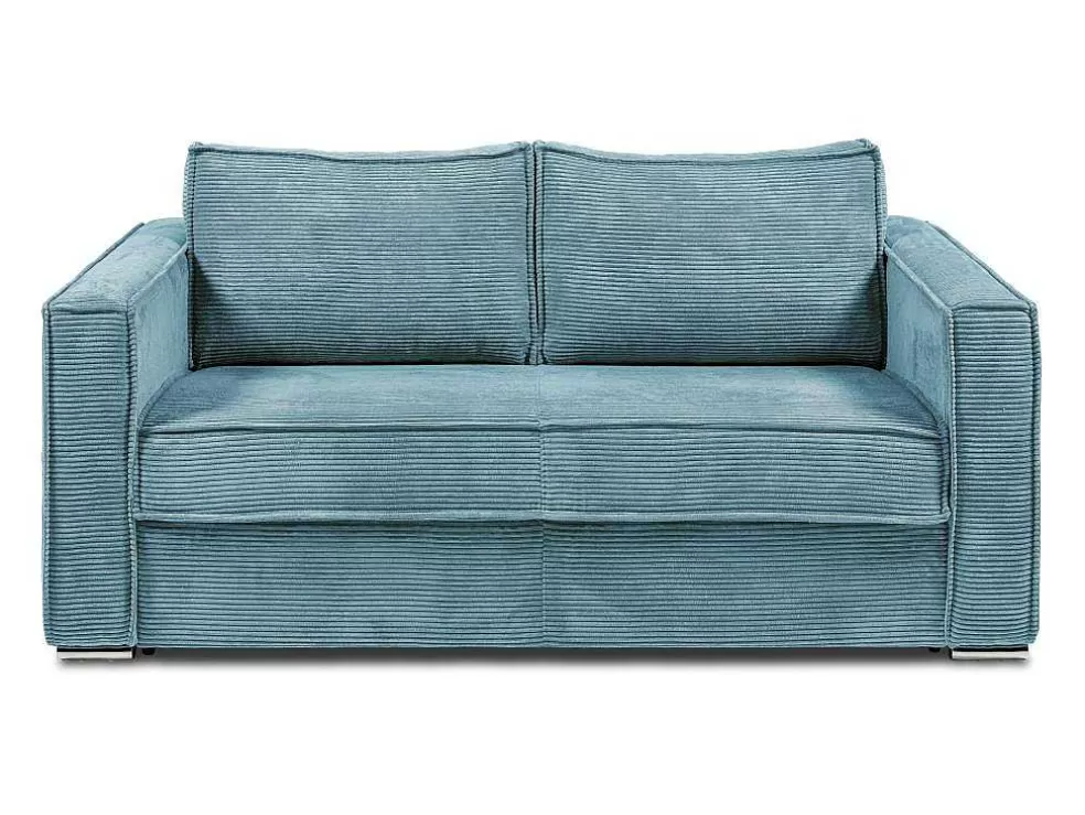 Vente-unique Sofá De 3 Lugares Convertivel Abertura Rapida Veludo Canelado Azul-Turquesa, Cama De Ripas Largas 140 Cm E Colchão 18 Cm - Loreto* Sofá