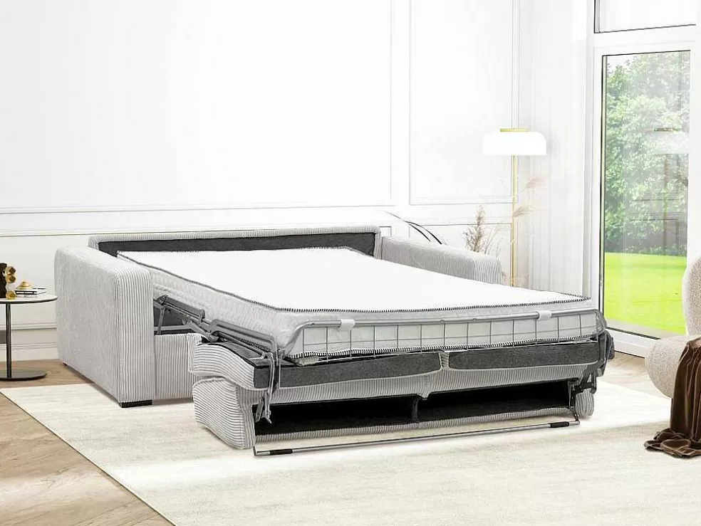 Vente-unique Sofá De 3 Lugares Convertivel Abertura Rapida Veludo Canelado Bege, Cama De Ripas Largas 140 Cm, Colchão De 18 Cm - Mondovi* Sofá Cama De Abertura Rapida