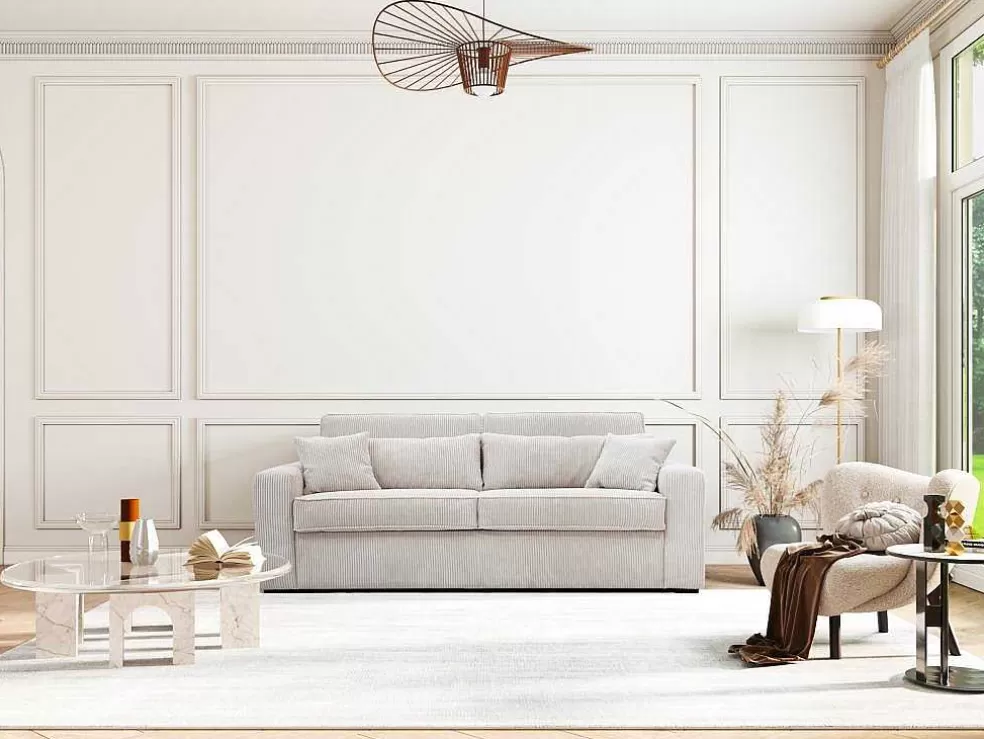 Vente-unique Sofá De 3 Lugares Convertivel Abertura Rapida Veludo Canelado Bege, Cama De Ripas Largas 140 Cm, Colchão De 18 Cm - Mondovi* Sofá Cama De Abertura Rapida