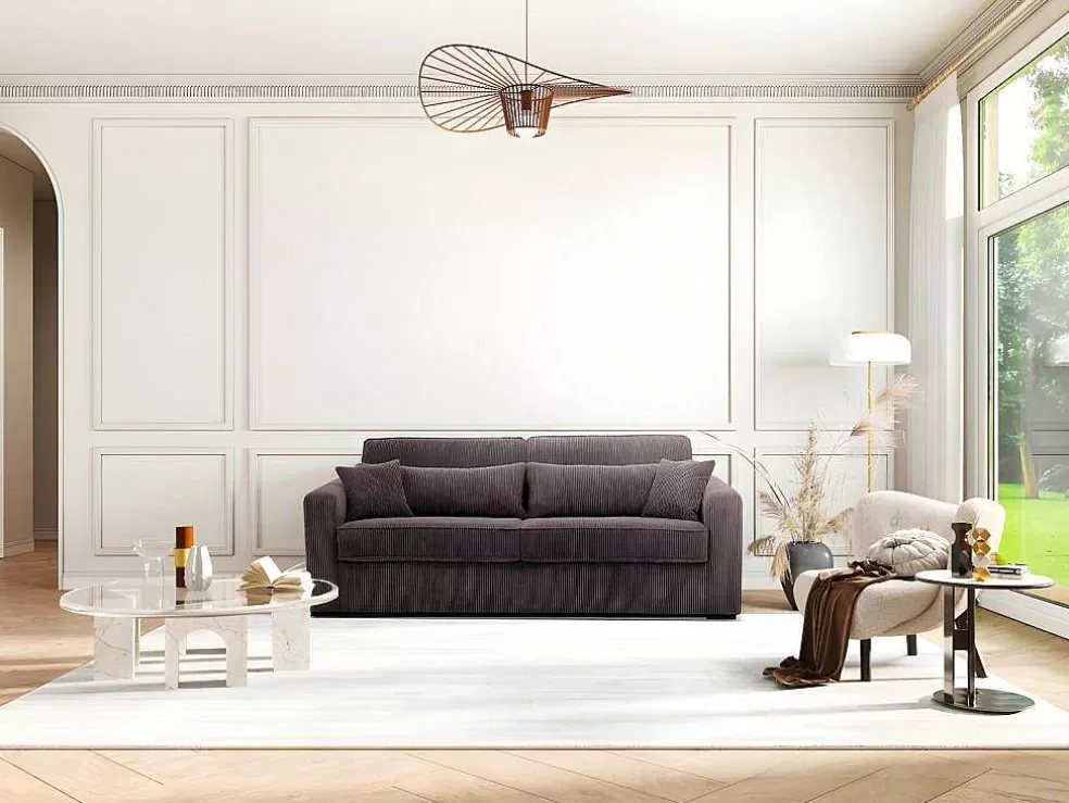 Vente-unique Sofá De 4 Lugares Convertivel Abertura Rapida Veludo Canelado Castanho, Cama De 160 Cm, Colchão De 18 Cm - Mondovi* Sofá Cama De Abertura Rapida