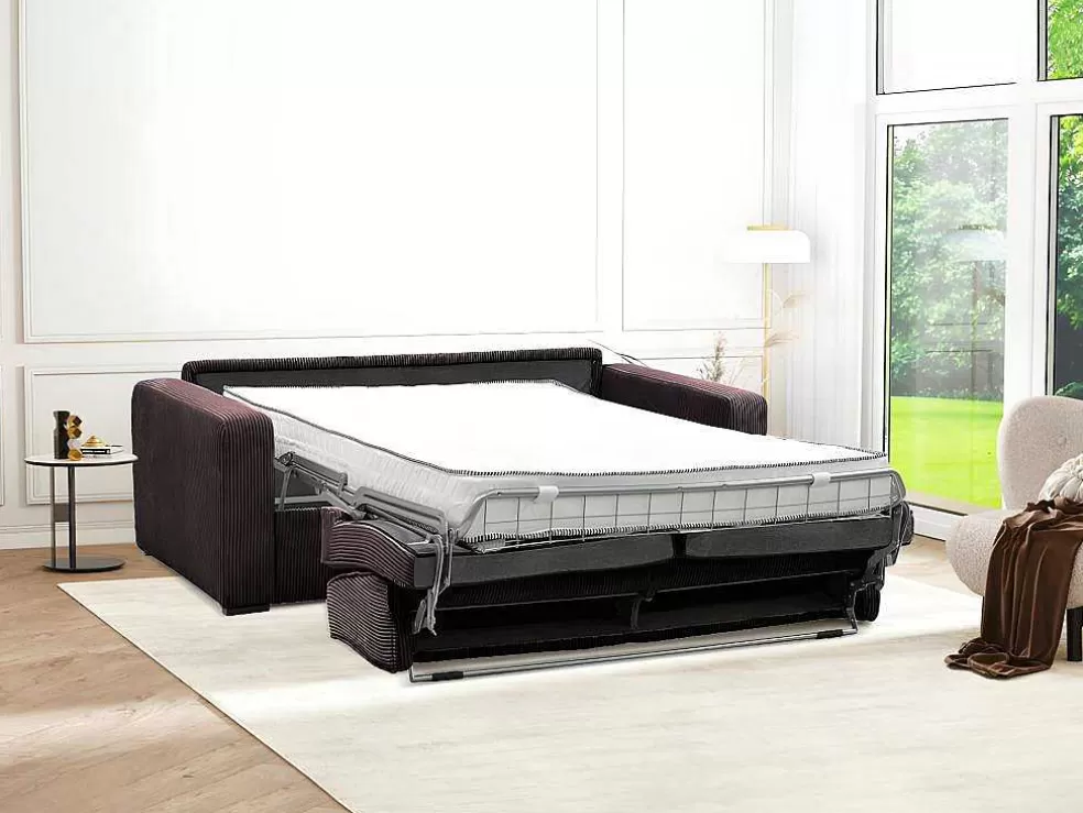 Vente-unique Sofá De 3 Lugares Convertivel Abertura Rapida Veludo Canelado Castanho, Cama De 140 Cm, Colchão De 18 Cm - Mondovi* Sofá Cama De Abertura Rapida