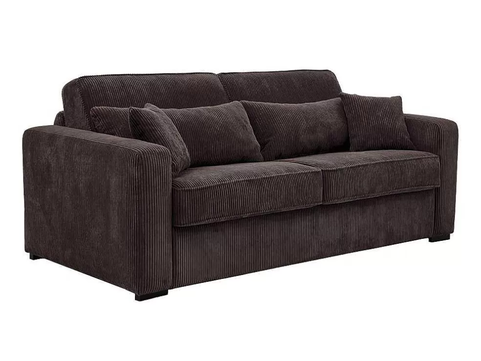 Vente-unique Sofá De 3 Lugares Convertivel Abertura Rapida Veludo Canelado Castanho, Cama De 140 Cm, Colchão De 18 Cm - Mondovi* Sofá Cama De Abertura Rapida