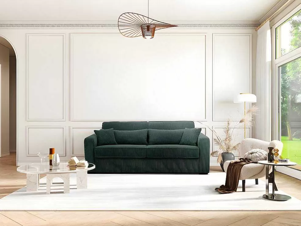 Vente-unique Sofá De 3 Lugares Convertivel Abertura Rapida Veludo Canelado Verde, Cama De 140 Cm, Colchão De 18 Cm - Mondovi* Sofá Cama De Abertura Rapida