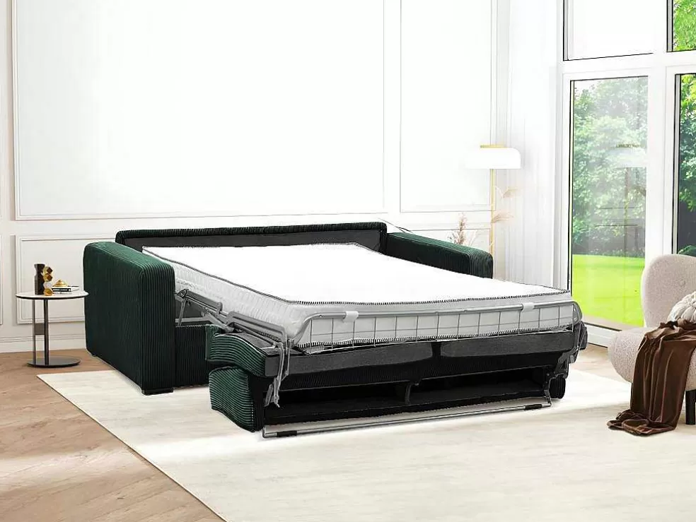 Vente-unique Sofá De 3 Lugares Convertivel Abertura Rapida Veludo Canelado Verde, Cama De 140 Cm, Colchão De 18 Cm - Mondovi* Sofá Cama De Abertura Rapida