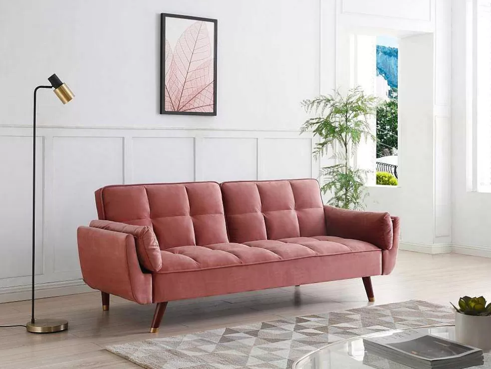 Vente-unique Sofá De 3 Lugares Convertivel Clic-Clac Em Veludo Cor-De-Rosa - Gulcan* Sofá Cama Clic-Clac E Dobravel