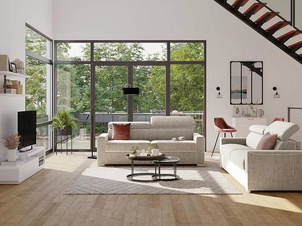 Vente-unique Sofá De 4 Lugares Convertivel De Abertura Rapida Em Tecido Vizir - Bege - Cama De Ripas Largas De 160 Cm - Colchão De 22 Cm Com Memória De Forma* Sofá Cama De Abertura Rapida