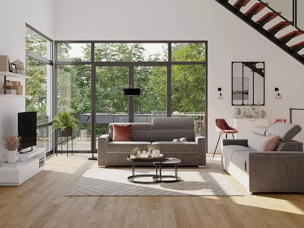 Vente-unique Sofá De 4 Lugares Convertivel De Abertura Rapida Em Tecido Vizir - Cinza - Cama De Ripas Largas De 160 Cm - Colchão De 22 Cm Com Memória De Forma* Sofá Cama De Abertura Rapida