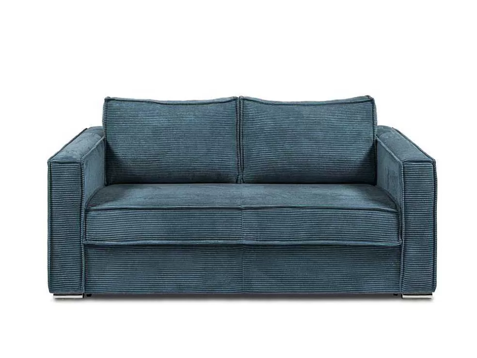 Vente-unique Sofá De 3 Lugares Convertivel De Abertura Rapida Em Veludo Canelado Cor Azul - Loreto* Sofá Cama De Abertura Rapida