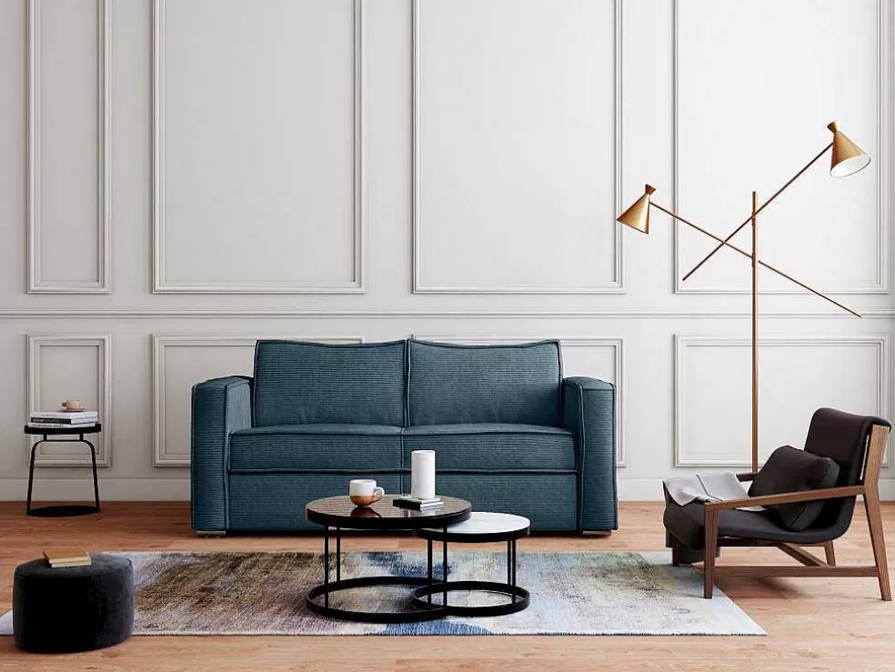 Vente-unique Sofá De 3 Lugares Convertivel De Abertura Rapida Em Veludo Canelado Cor Azul - Loreto* Sofá Cama De Abertura Rapida