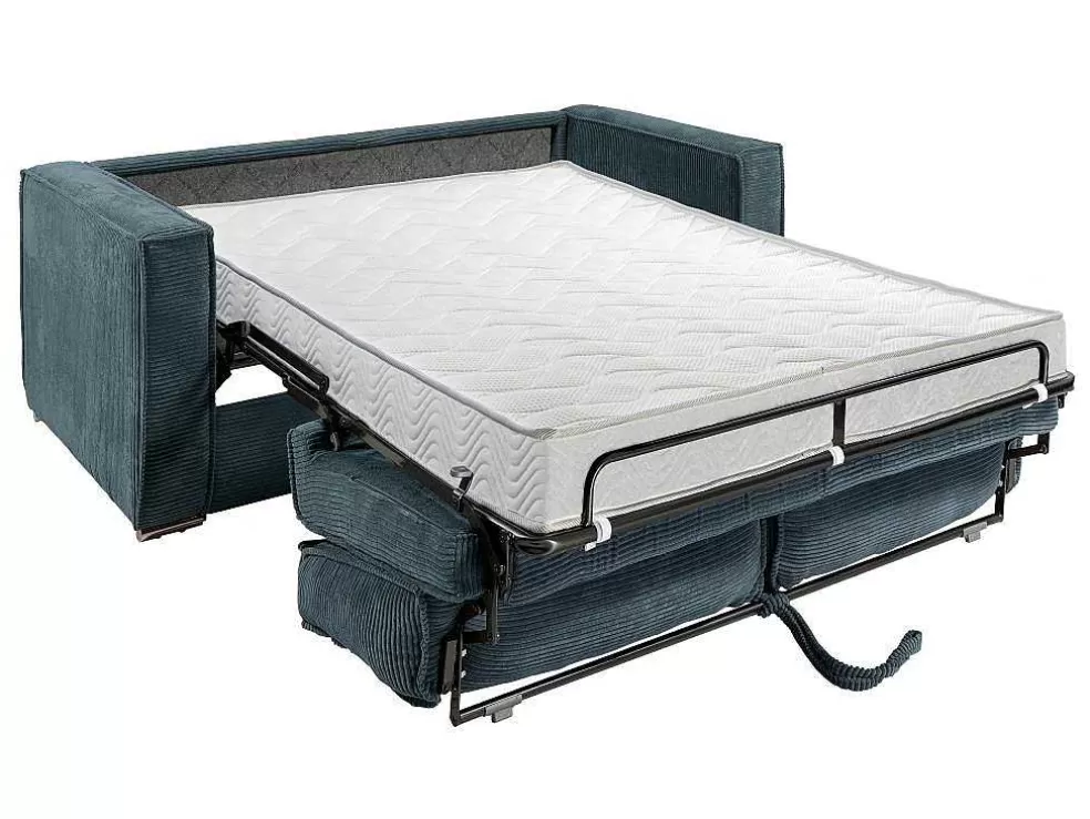 Vente-unique Sofá De 3 Lugares Convertivel De Abertura Rapida Em Veludo Canelado Cor Azul - Loreto* Sofá Cama De Abertura Rapida