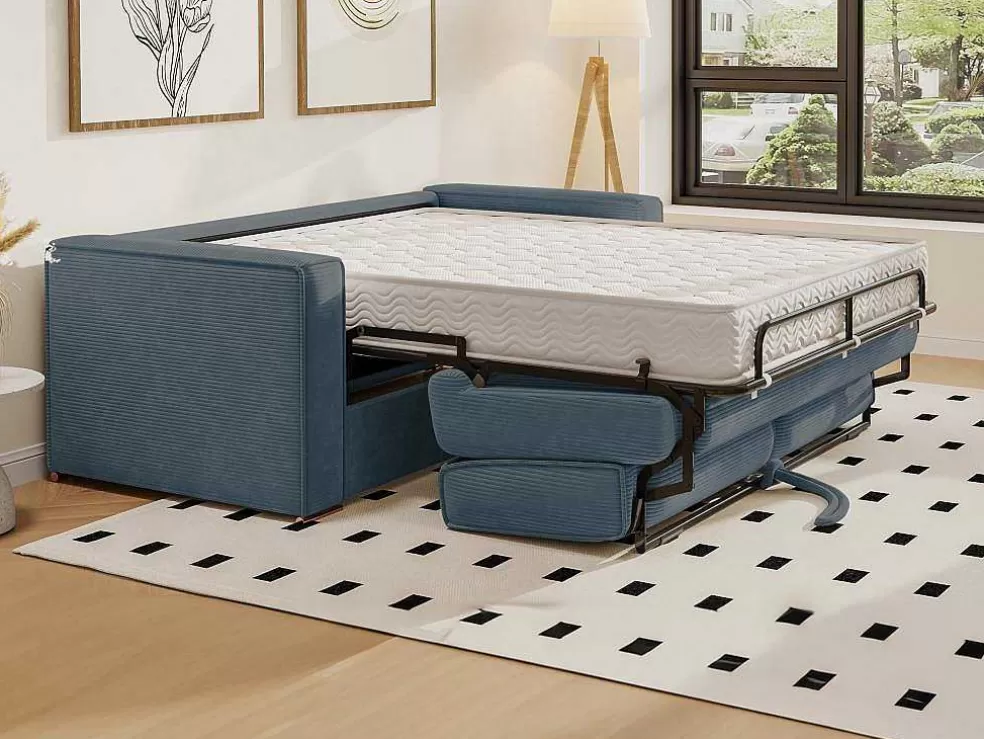 Vente-unique Sofá De 3 Lugares Convertivel De Abertura Rapida Em Veludo Canelado Cor Azul - Loreto* Sofá Cama De Abertura Rapida