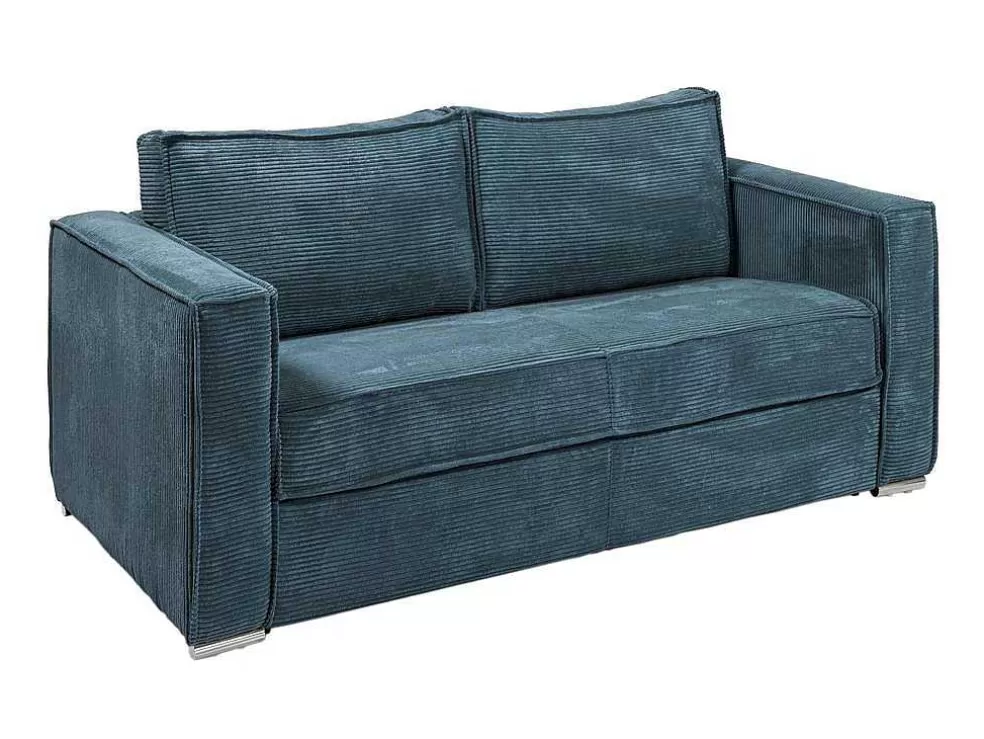 Vente-unique Sofá De 3 Lugares Convertivel De Abertura Rapida Em Veludo Canelado Cor Azul - Loreto* Sofá Cama De Abertura Rapida