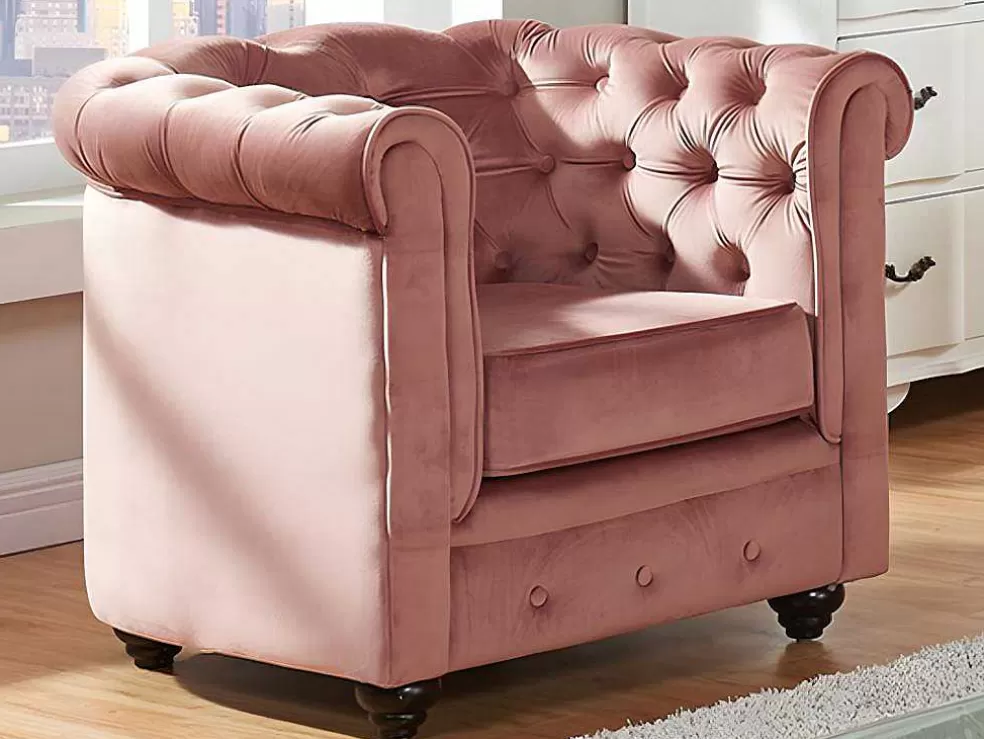 Vente-unique Sofá De 3 Lugares E 2 Cadeiroes Chesterfield - Veludo Rosa Pastel* Conjunto Sofá E Poltrona