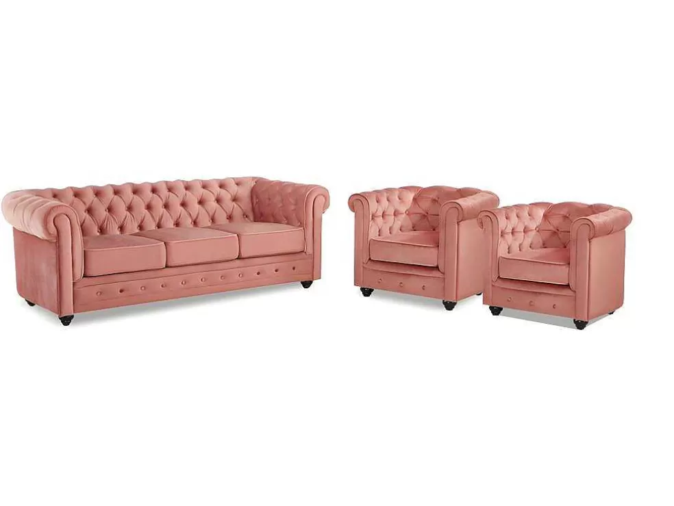 Vente-unique Sofá De 3 Lugares E 2 Cadeiroes Chesterfield - Veludo Rosa Pastel* Conjunto Sofá E Poltrona