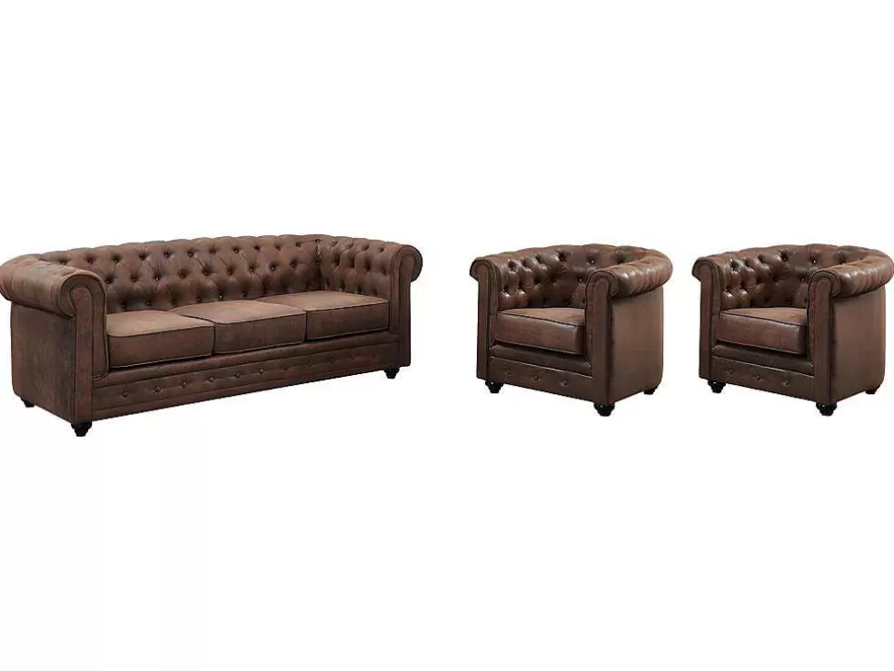 Vente-unique Sofá De 3 Lugares E 2 Cadeiroes Chesterfield Em Microfibra Com Aspeto De Pele Envelhecida* Conjunto Sofá E Poltrona